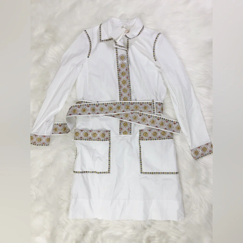 NWT $558 Tory Burch Jayne Long-sleeve Embroidered Belted Tunic Dress